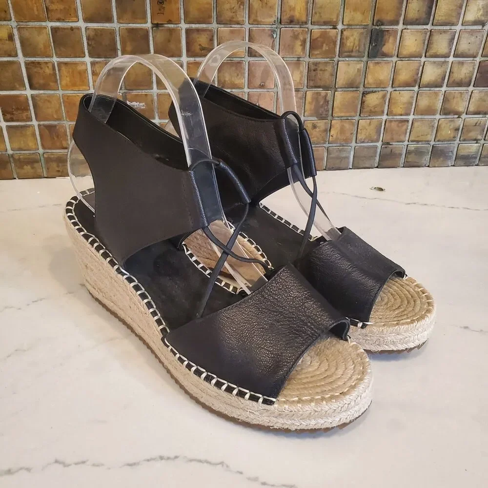 Eileen Fisher Women's Sandals 10 Black Agnes Espadrilles Leather Minimalist